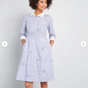 ModCloth Shirt Dress Blue White Stripes Cactus & Humming Bird Button Up Size 4